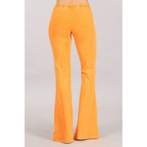 Tangerine Orange Boho Mineral Wash Stretch Flared Bell Bottom Casual Pants - Picture 4 of 6